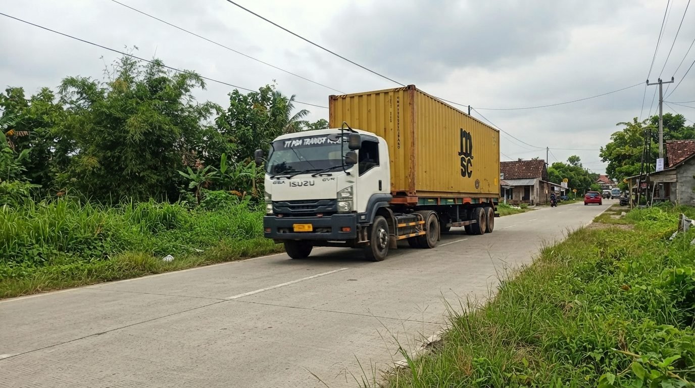 Container truck on the road to port
