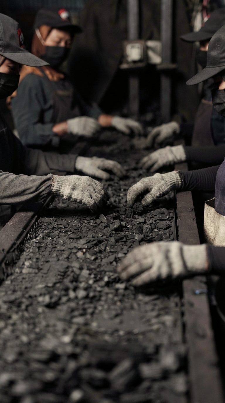 Workers hand-sorting charcoal