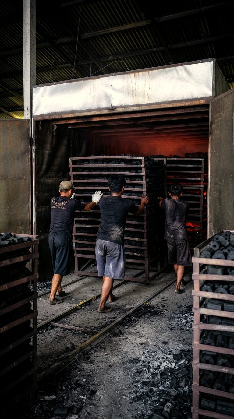 Workers pushing racks into the carbonization kiln