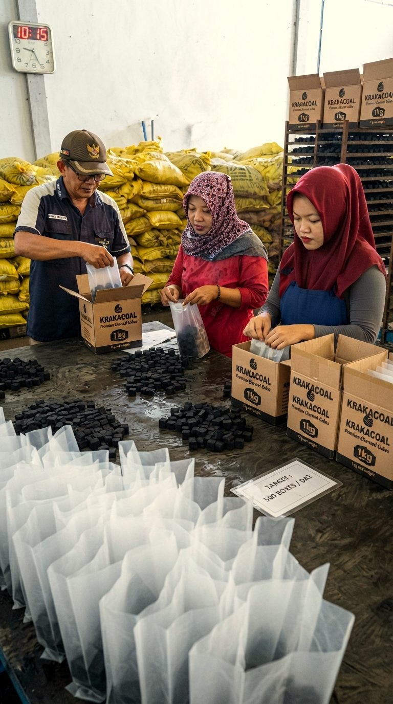 Workers packaging finished charcoal