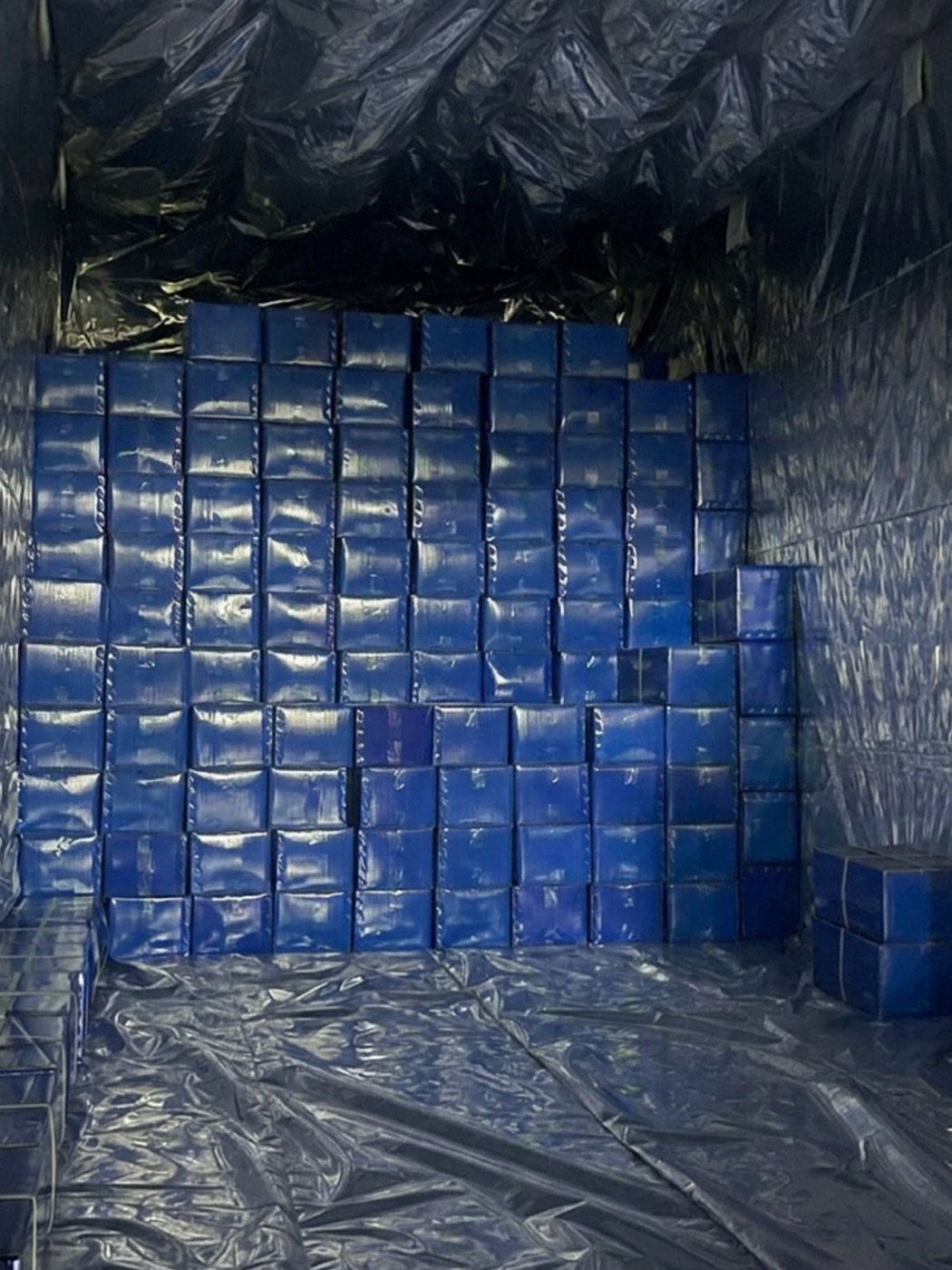 Export container fully packed with liner-wrapped charcoal cartons